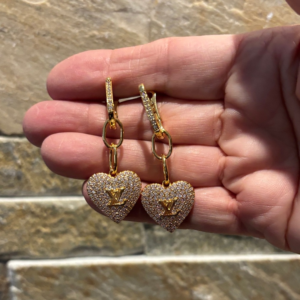 Gold LV Heart Earrings with Crystal Accents